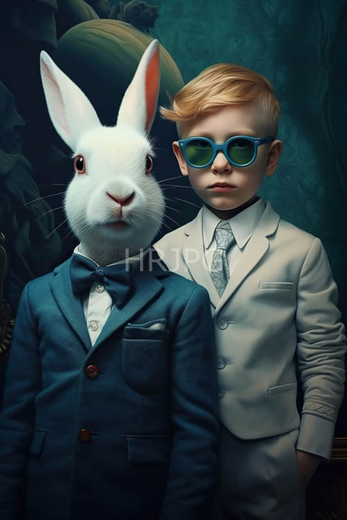 rabbit figures in blue suit jackets sit near mossy walls