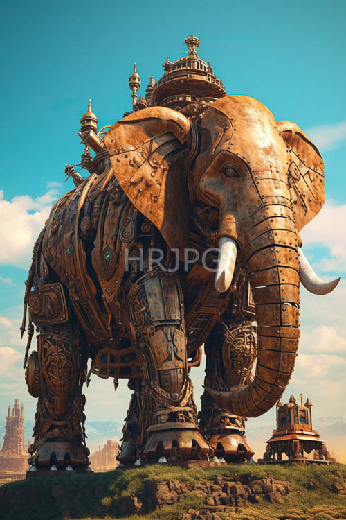 mechanical elephant dominates open landscape with intricate metalwork and gemstone accents