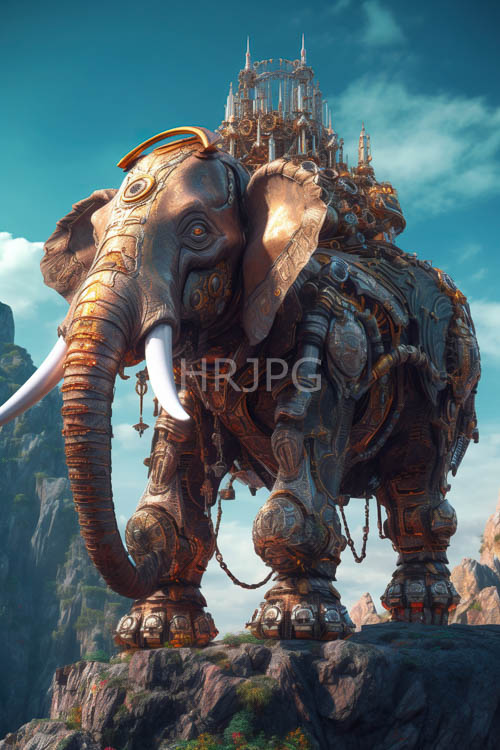 High Resolution: Mechanical Elephant Dominates Rocky Terrain Amidst Misty Mountain Ranges download. | HRJPG.com