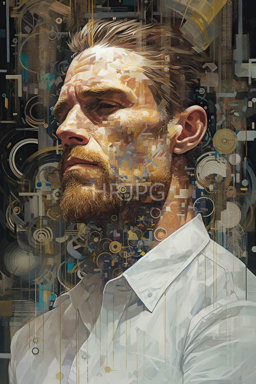 mechanical geometric patterns on older caucasian mans face in timepieceinspired setting