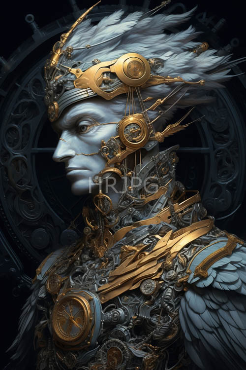 iridescent skin pairs with gold gearwork and blue patterns