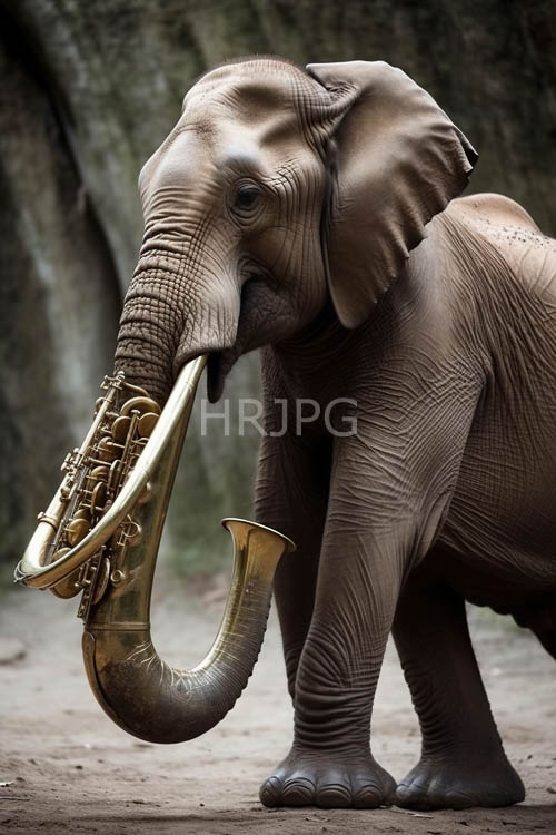 african savannah landscape with weathered rock formations and elephant saxophone performance