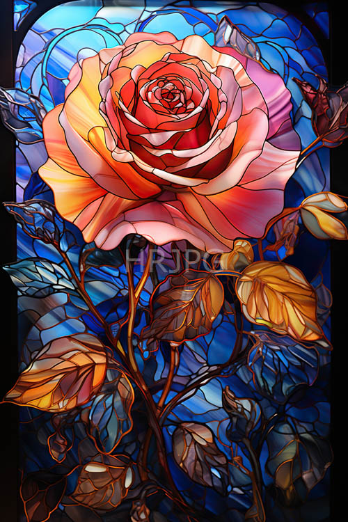 copper and azure dance of light on delicate rose petals and luscious green leaves