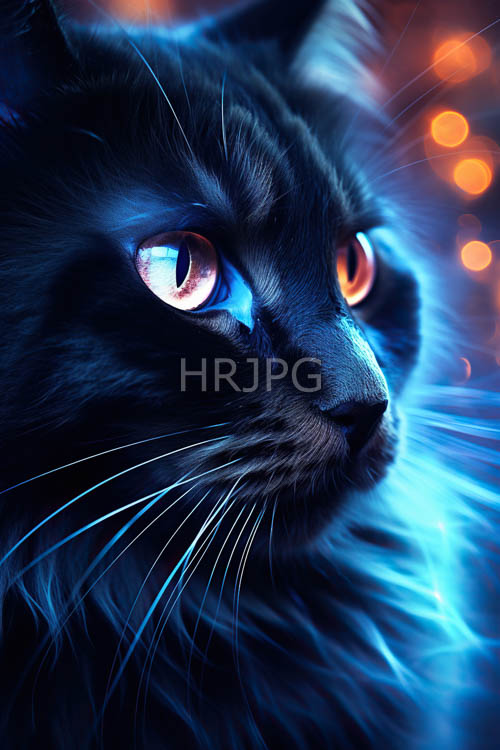 dancing orbs of electric blue and fiery orange light within feline eyes in tawny gloom