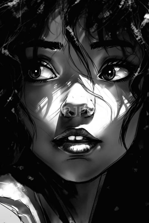 silken folds accentuate sharp cheekbones in mysterious expressive and intimate closeup