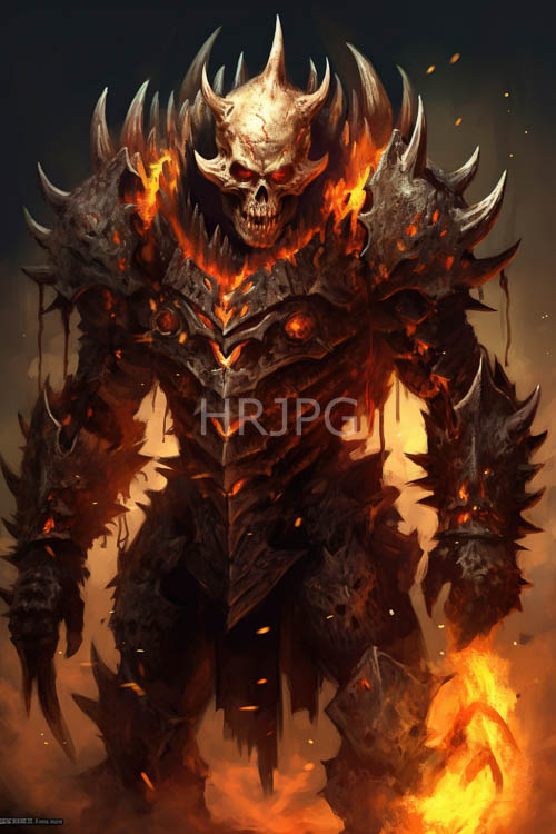 demonic warrior encased in jagged armor dominates barren rocky terrain