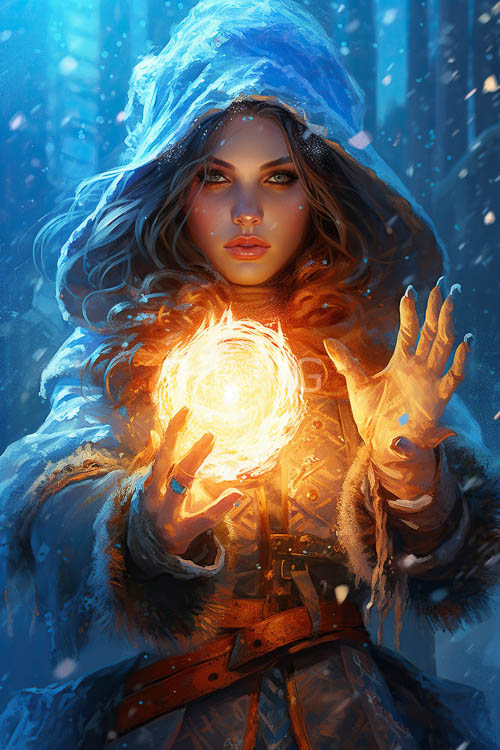 frozen enchantress amidst snowy forest with wavy brown hair and glowing orb