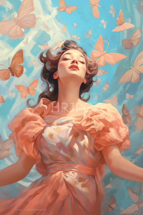 peach dresses billow under blue skies with floating butterflies