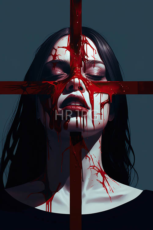 red crosses intersect around figures in mysterious dark spaces