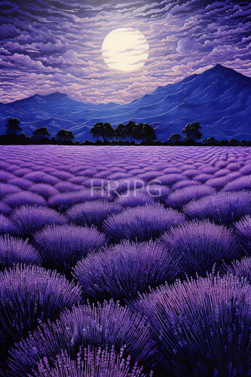 High Resolution: Moonlight illuminates lavender fields near rugged mountain peaks download. | HRJPG.com