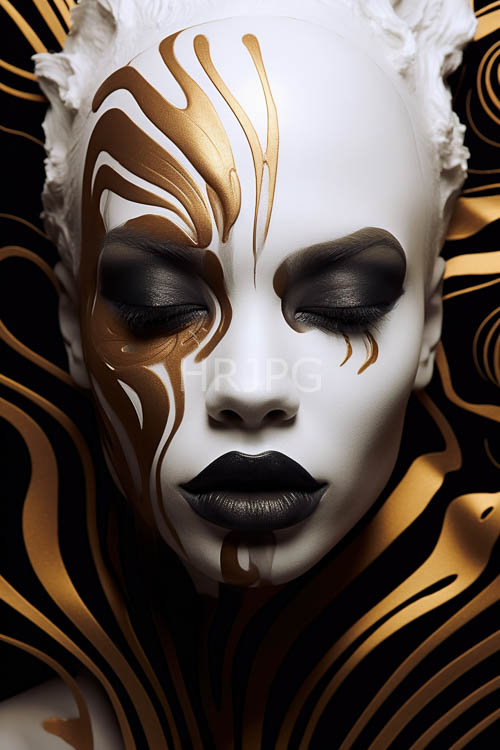 fluid dynamics of liquid patterns on intricately painted white mask in contemplative state with black gold backdrop