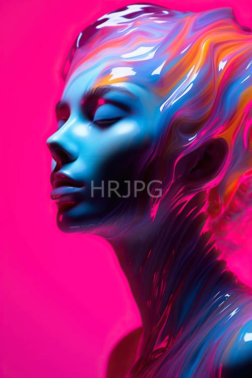 kaleidoscopic backgrounds surround female figures in neon hues