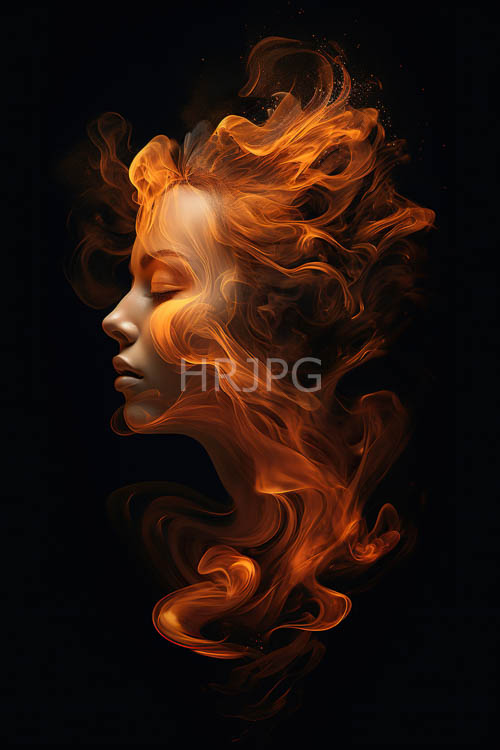 High Resolution: Raven silken strands cascade down luminous complexion amidst swirling orange flames in fiery vortex download. | HRJPG.com