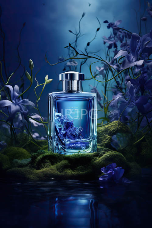 mossy surface cradles delicate perfume bottle amidst lush greenery and purple lilies