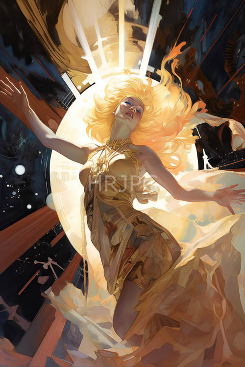 High Resolution: Cosmic Energy Threads Dancing Across Womans Flowing Locks Amidst Twinkling Starry Sky Fabric download. | HRJPG.com