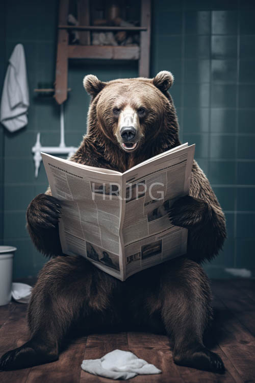 mundane task unfolds on weathered wooden floorboards beneath a bears pensive form