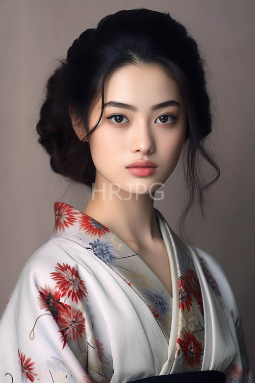 east asian womans intricately styled hairdo amidst traditional floral kimono patterns in soft focus