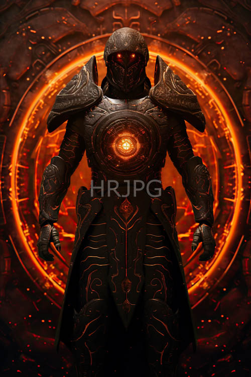 High Resolution: Imposing Figure in OrangeCircuited Armor with Intense Red Orb Eyes download. | HRJPG.com