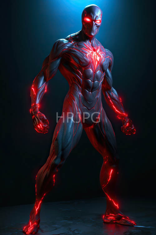 neonred heartglow illuminates muscular figure in deep spacelike blackness