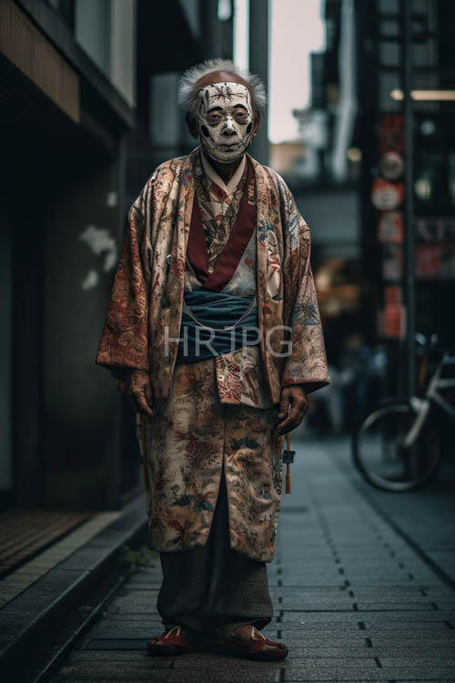 elderly japanese man stands out amidst weathered city backdrop of faded buildings and shadows