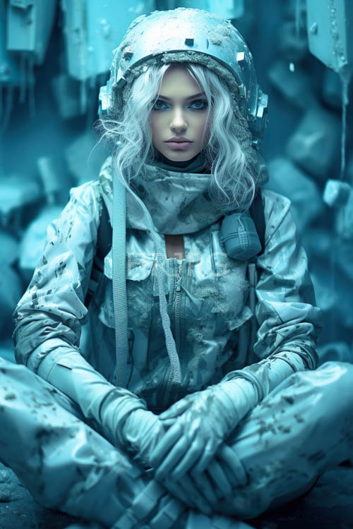 moonlit warrior sits crosslegged in camouflage gear amidst ethereal glow