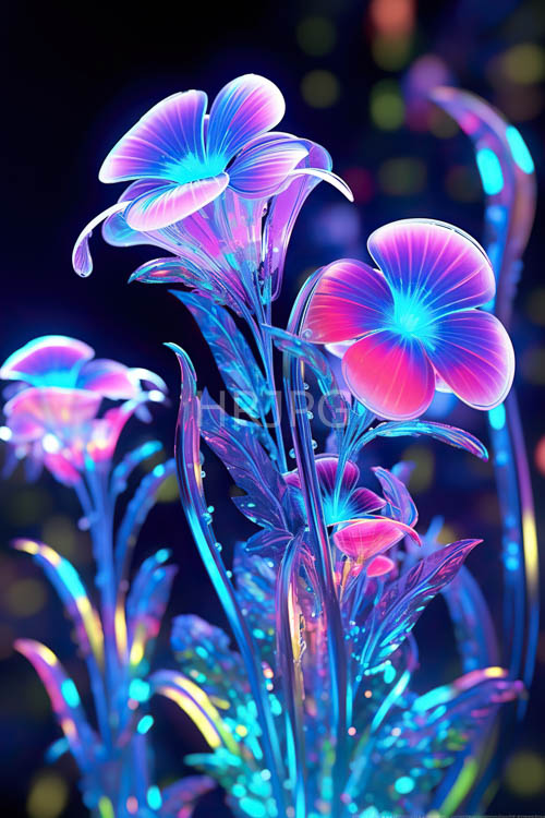 turquoisehued leaves shimmer amidst neoncolored flowers in an abstract black backdrop