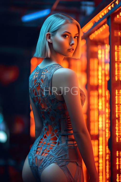 cityscape unfolds behind fashionable woman with kaleidoscope of skyscrapers and neonlit billboards