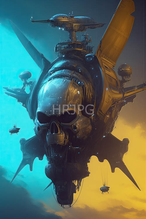 High Resolution: Swarming Drones Surround Imposing Spaceship Amidst Kaleidoscope of Celestial Blues download. | HRJPG.com