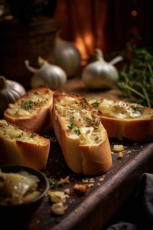 crisp toasted bread slices atop weathered wooden board in rustic countryside cottage setting