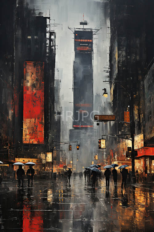 rainsoaked streets glisten under dim glow of streetlights amidst towering skyscrapers and vibrant red lights