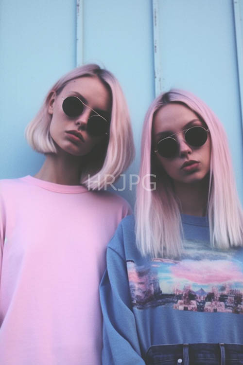 platinum blonde hair falls amidst lightblue panels and sunsetpatterned sweaters