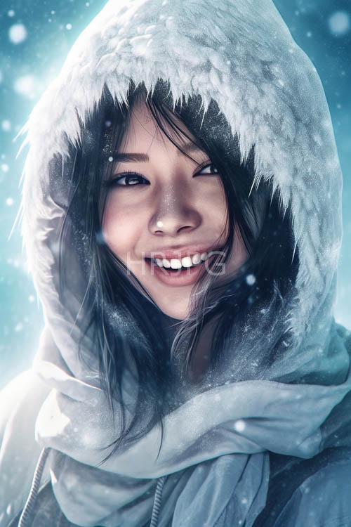 snowflakes delicately fall around subject in winter wonderland with intricate crystal formations