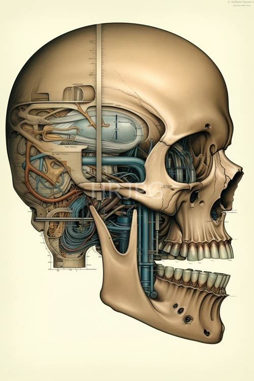 copper filigree and mesh screens intricately line the metallic inner surfaces of the skull