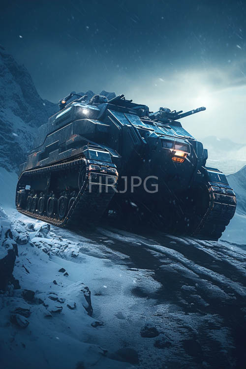 frostkissed machine dominates snowy landscape with metallic hull