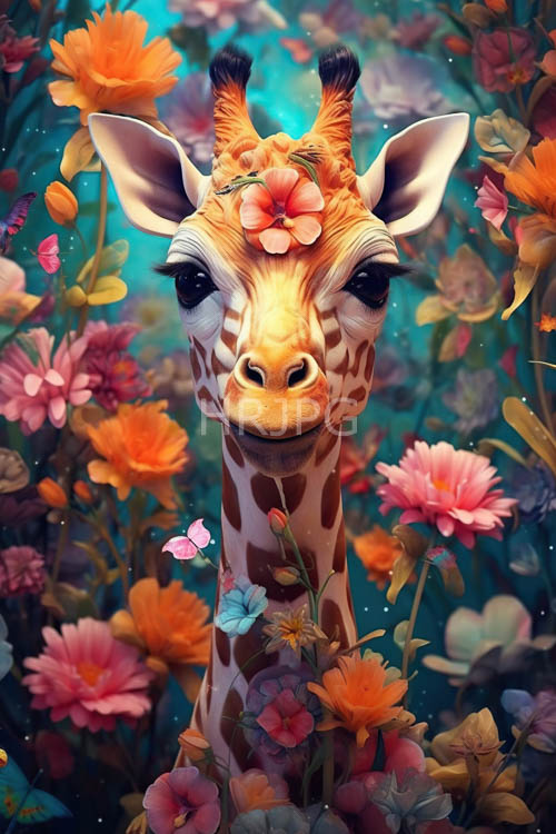 giraffe amidst lush canopy of pink petals and emerald foliage under blurred teal sky
