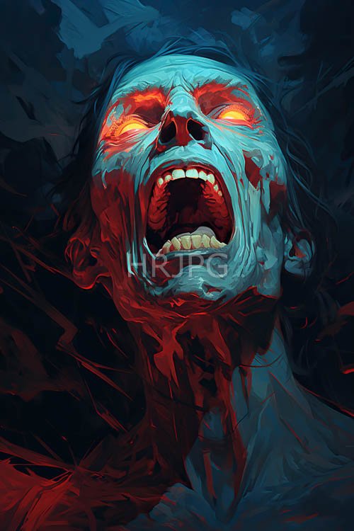 electric blue macabre figure leaps from dark featureless background