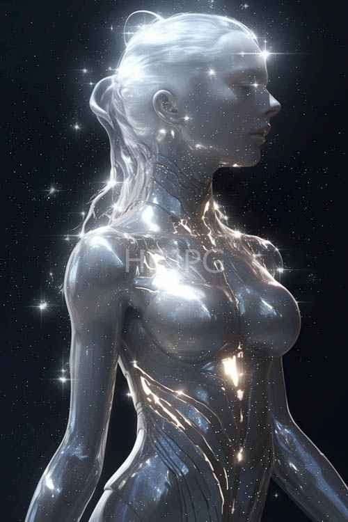 cosmic encounter with a luminous ethereal female form in a celestial setting