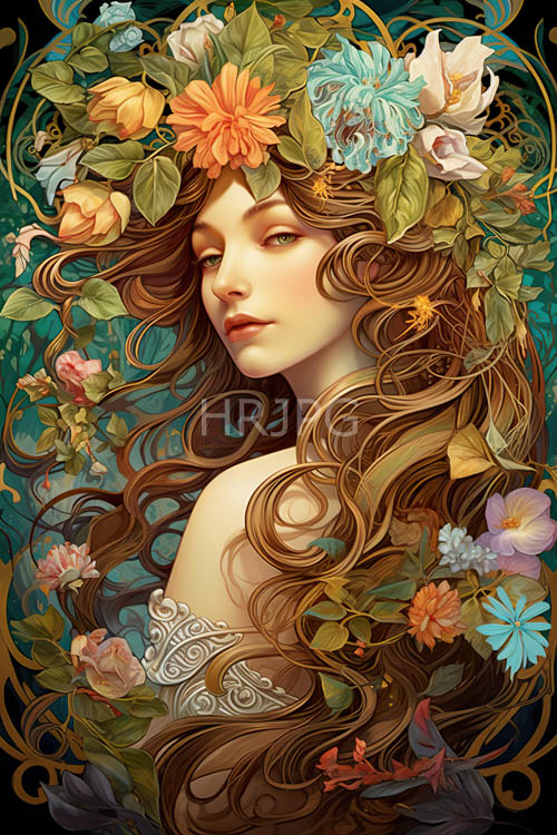 floral crown adorns fair skin in vibrant teal tapestry of color and texture