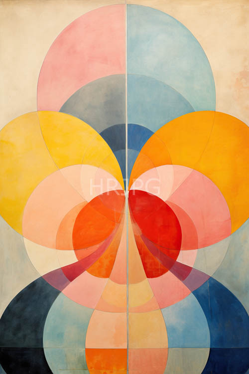 yellow and redorange hues overlap in sweeping arcs across layered semicircular shapes