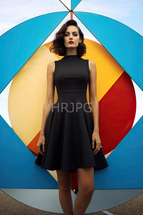 porcelain complexion amidst kaleidoscopic backdrop of harmonious colors and triangles