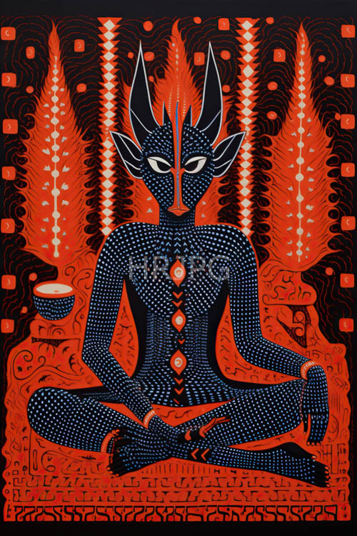 humanoid figure embodies intricate mosaic pattern with orange accents in dark blue environment