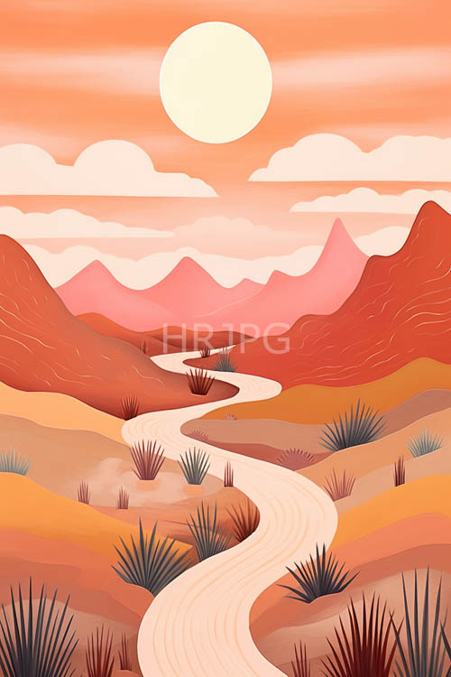 desert landscape unfolds with swirling red sand and orange hues amidst yellow suns glow