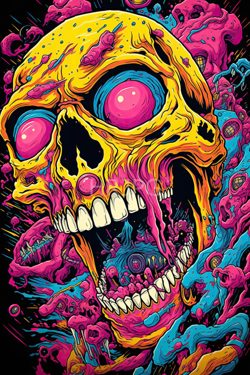 eerie skull fragmentation amidst neonpink lava splatters and twisted bone