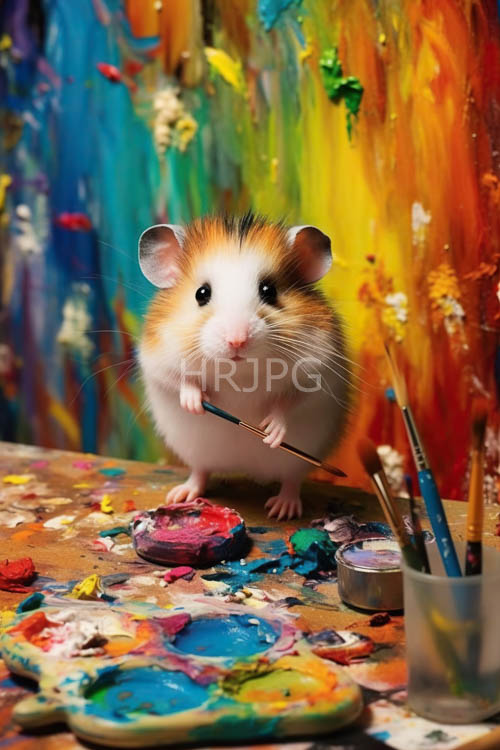 hamsters concentrated brushstrokes on whimsical backdrop of colorful scenery