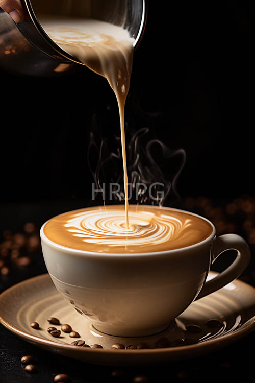 High Resolution: Rich dark coffee grounds contrast with creamy milk in ornate white ceramic cup download. | HRJPG.com