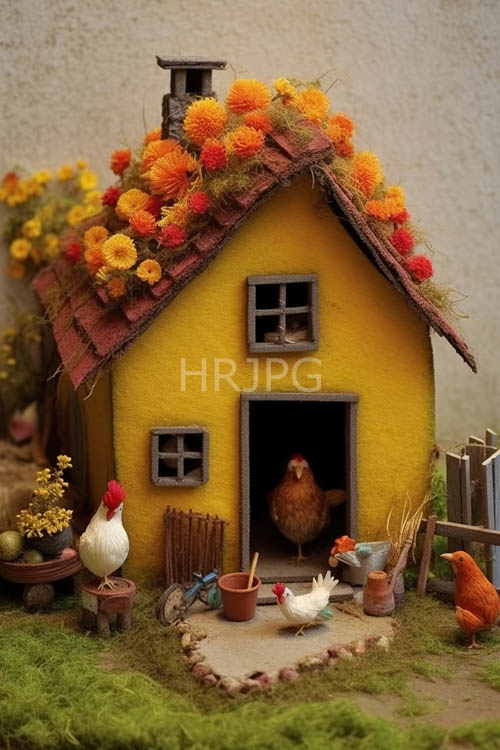 yellow wooden house amidst whimsical landscape of carved planks and marigold blooms