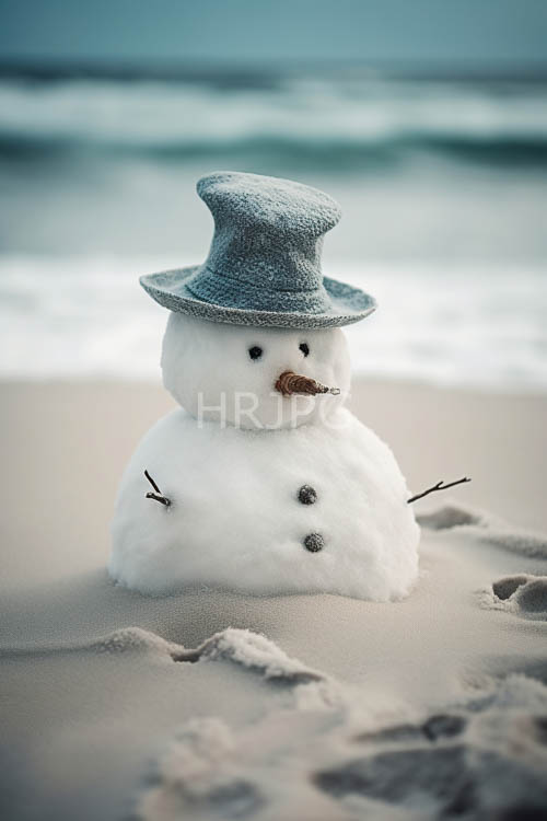 frosted snowmen stand vigilant amidst sandy beach and weathered driftwood