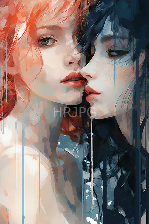 two women confrontation in opaque dripping cityscape with fierce facial expressions
