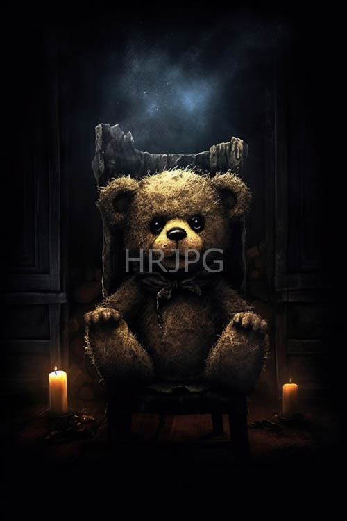 High Resolution: Worn plush teddy bear on an ancient wooden throne under dim candlelight download. | HRJPG.com