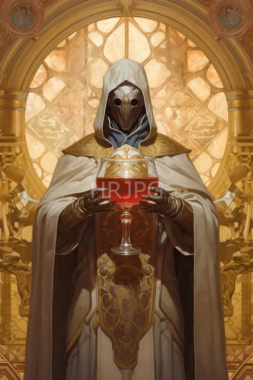 golden accents trim patterned robes near arched window curves